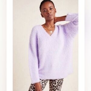 Anthropologie Fuzzy Textured V Neck Oversized Sweater Purple Women's Medium Cozy
